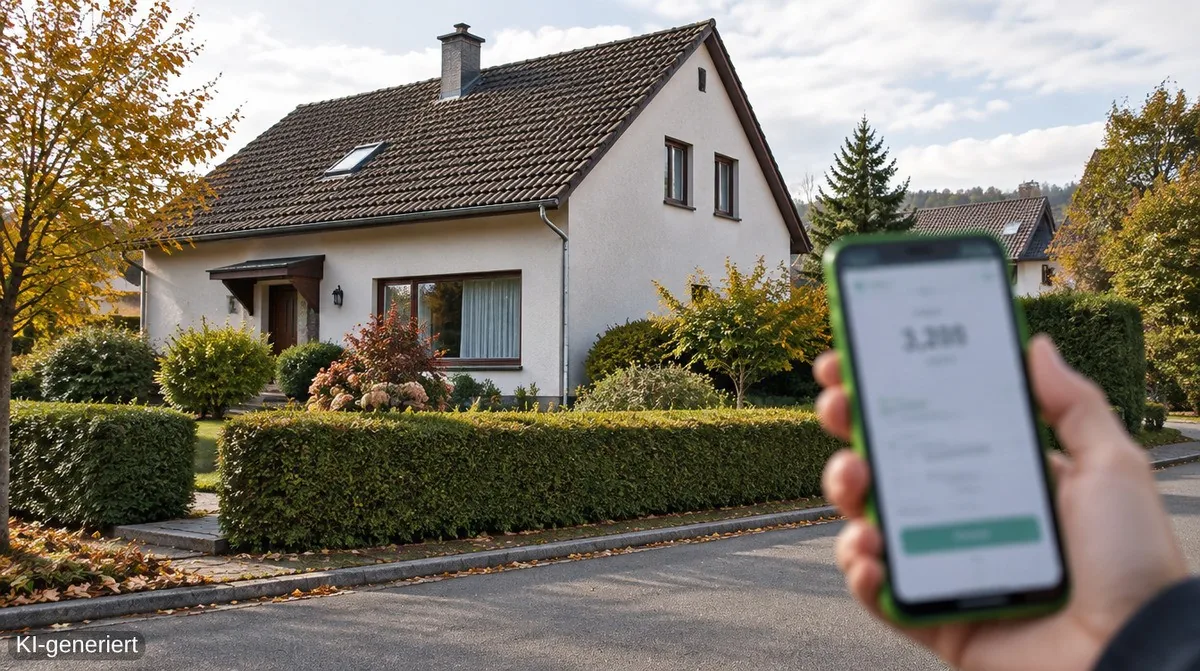 Immobilienbewertung Karben: Einfamilienhaus in einer Wohnstraße, im Vordergrund ein Smartphone mit einer Online-Bewertung (KI-generiert)