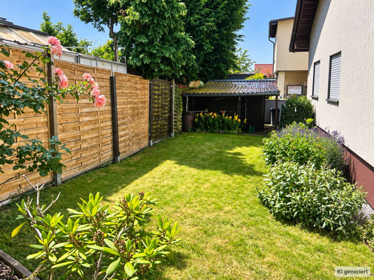 Heller Garten mit Rosen und Ha