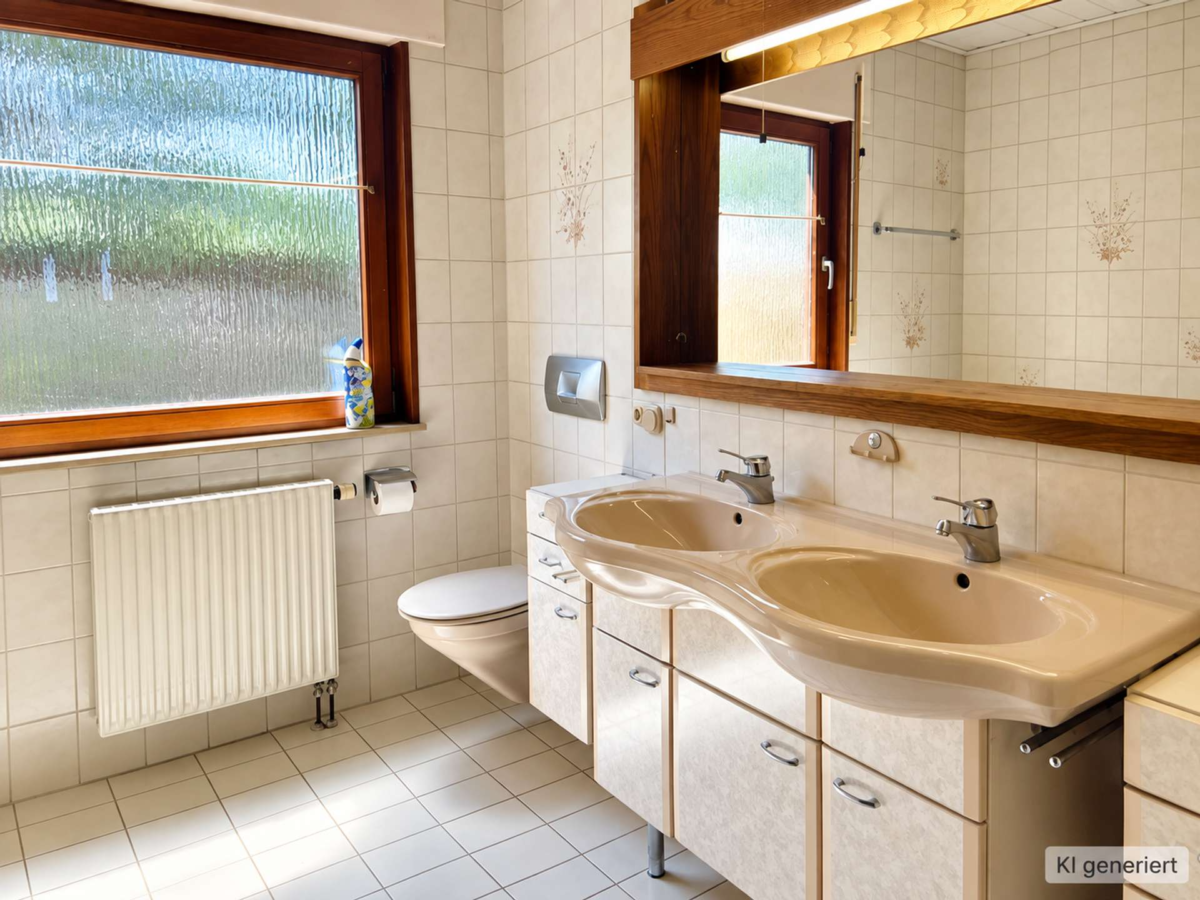 Helles Badezimmer mit Holzdeta